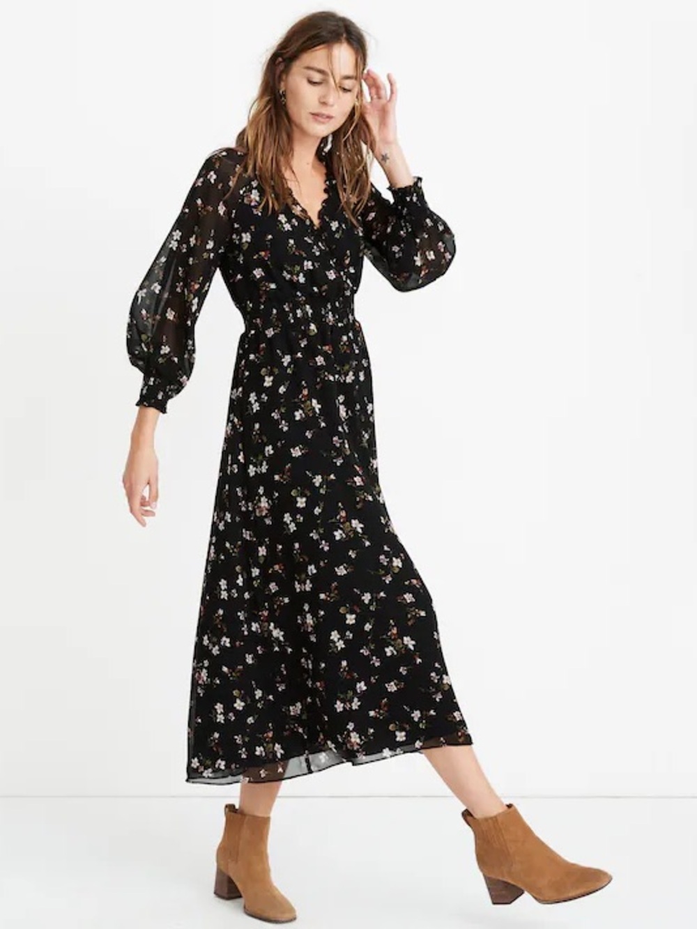 Madewell black floral midi dress